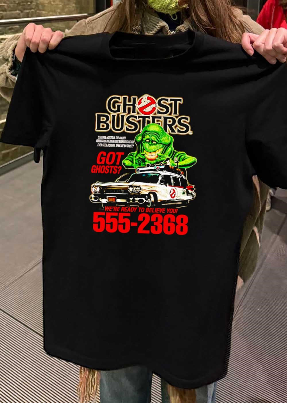 Ghostbusters Slimer and Ecto 1 Got Ghosts Strange Noises Feelings of Dread Ever Seen a Spook Spectre or Ghost We Are Ready to Believe You 555 2368 T-Shirt