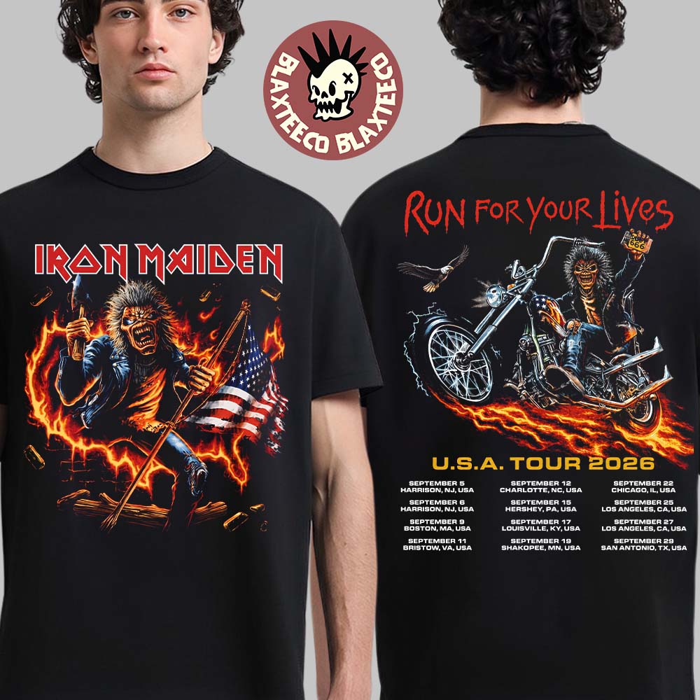 Iron Maiden Run For Your Lives USA Tour 2026 Exclusive Tee Eddie Holding The Flag Two Sided T-Shirt