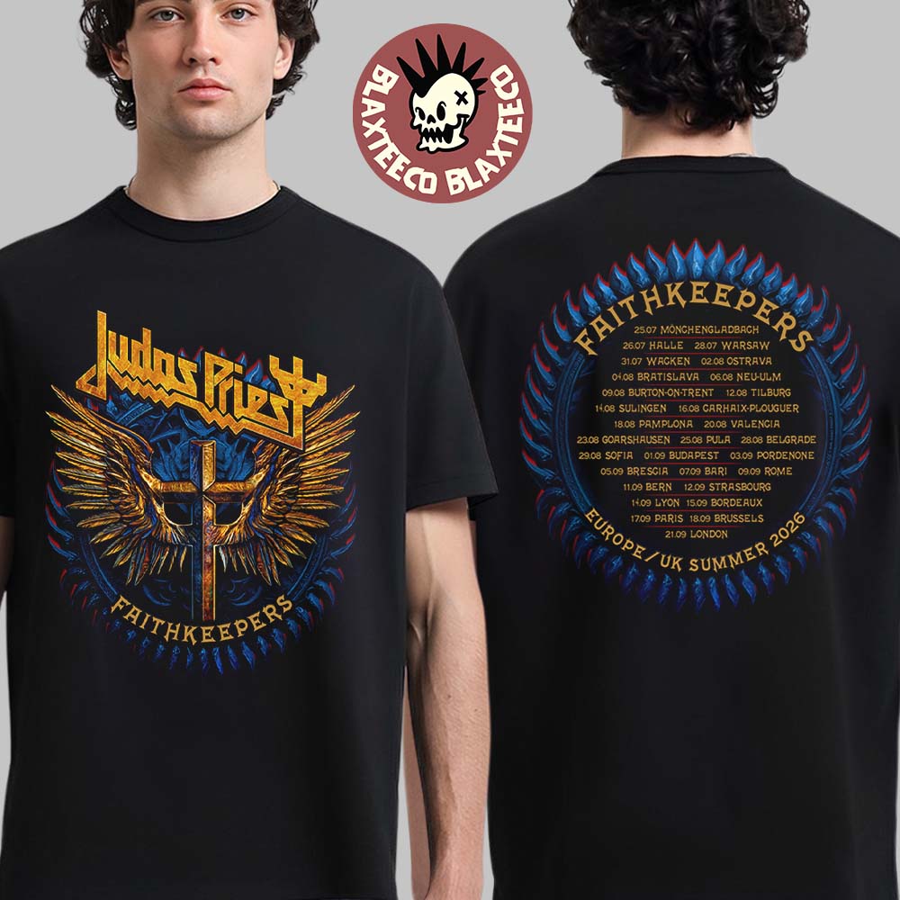 Judas Priest Faithkeepers Europe UK Summer 2026 Tour Merch Gold Wings Itin T-Shirt
