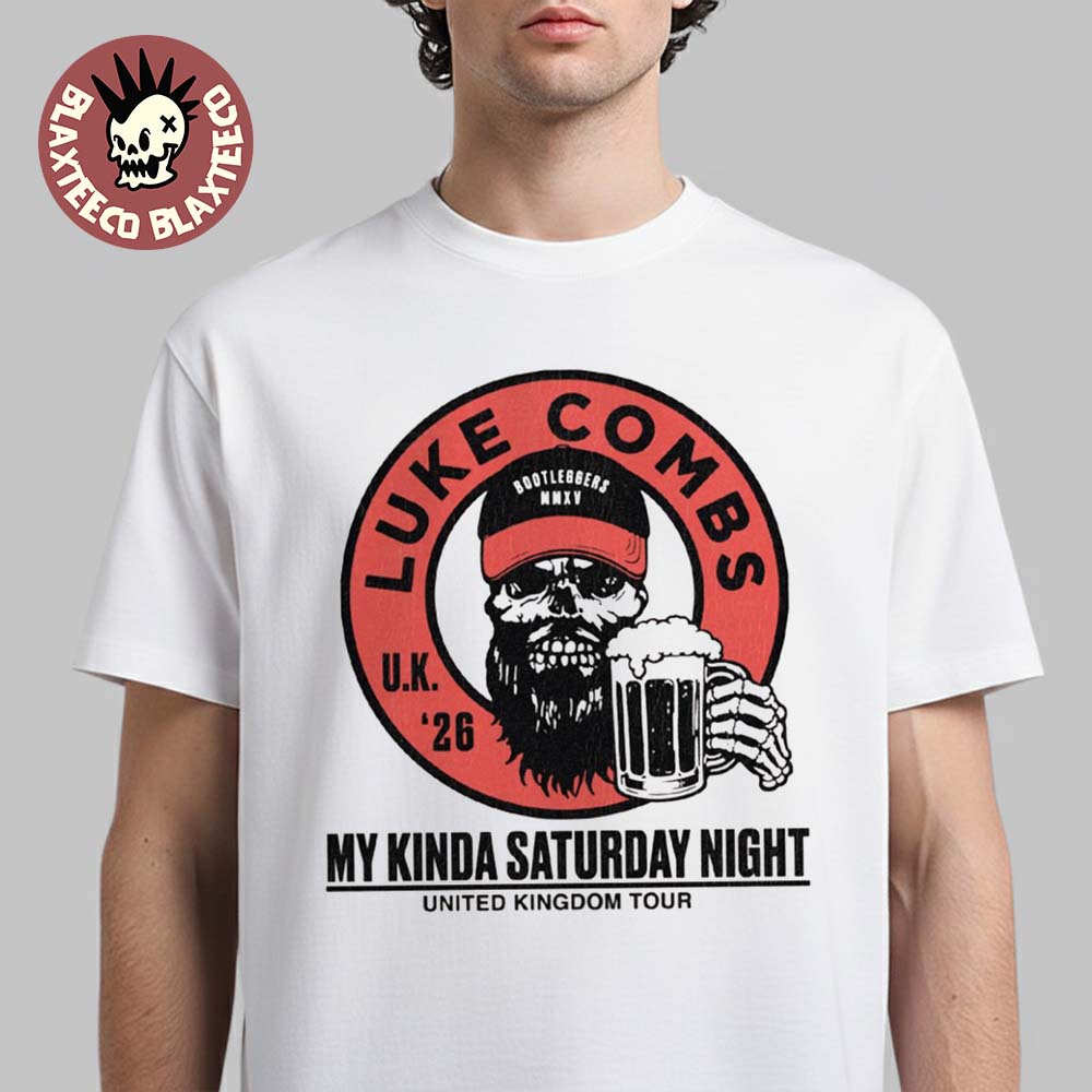 Luke Combs My Kinda Saturday Night Tour United Kingdom Merch Pop Up Skeleton With Beer T-Shirt
