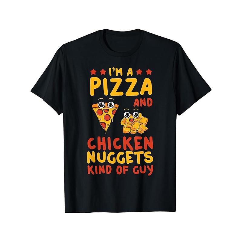 Men'S Casual Cotton T-Shirt with Chicken Nugget & Pizza Print, Round Neck, Regular Fit, Stretch Knit Fabric, All-Season...
