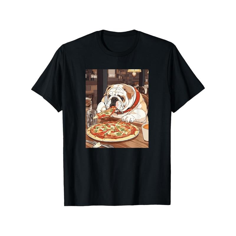 Men'S English Bulldog & Pizza Print T-Shirt, 100% Cotton, Crew Neck, Short Sleeve, Slight Stretch, All-Season, Sports...
