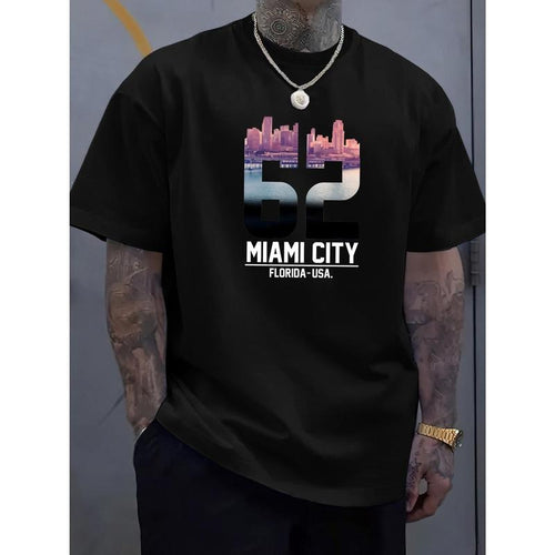 " Miami City "Creative Print Men's Casual T-Shirt, Summer Fashion Crew Neck Short Sleeve Top, Modern Streetwear Style For...