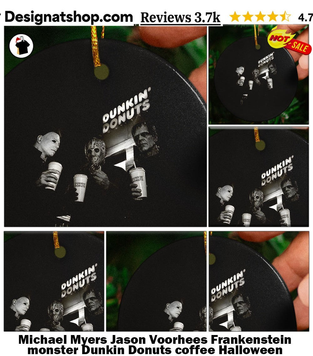 Michael Myers Jason Voorhees Frankenstein monster Dunkin Donuts coffee Halloween shirt