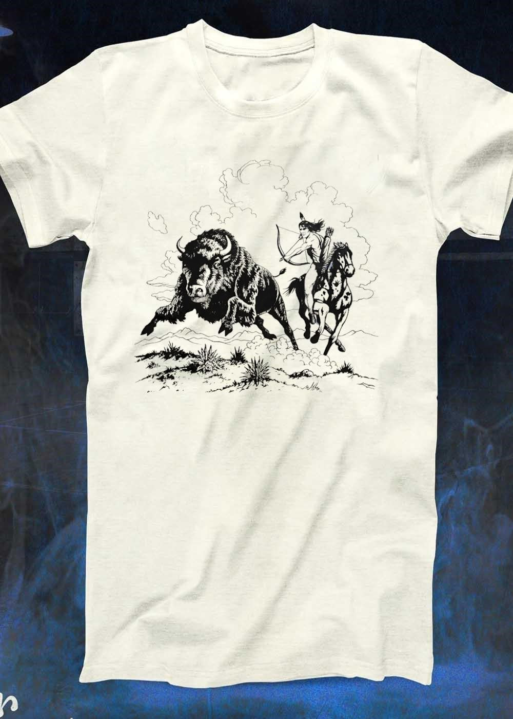 Mm Native American Hunting Bison Horseback Archery Illustration T-Shirt