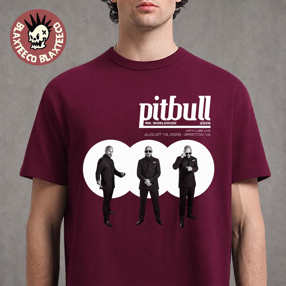 Pitbull Bristow VA 2026 Exclusive Tee Jiffy Lube Live On August 19 2026 Mr Worldwide I’m Back Tour Maroon T-Shirt