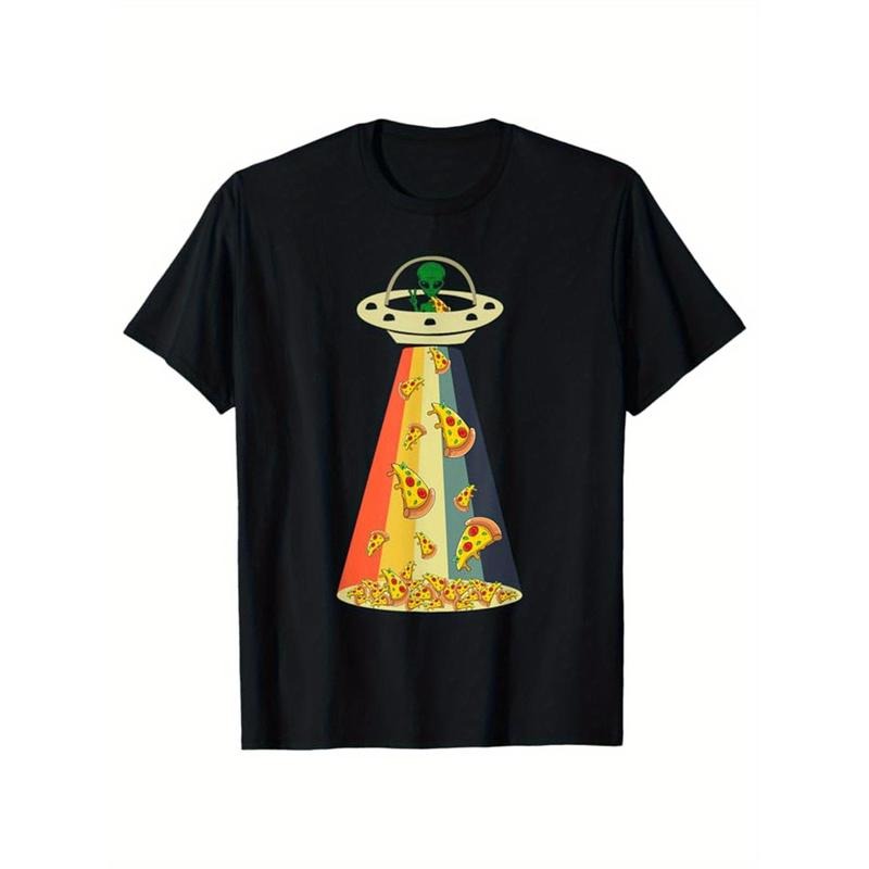 Pizza Printed, Men's Cotton T-shirt, Food Graphic Tee Men's Outdoor Clothes, Men's Clothing, Casual Short Sleeve Crew...