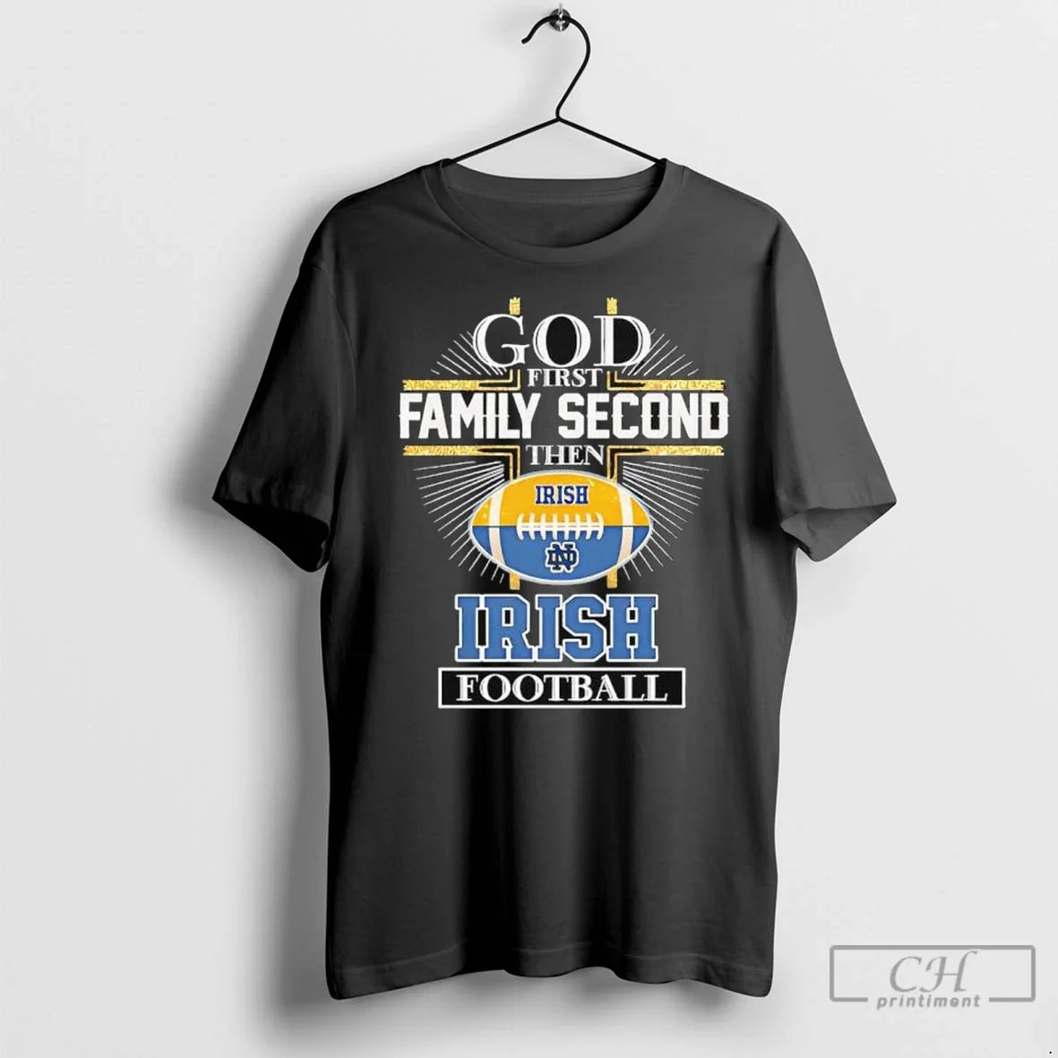 Premium God First Family Second Then Notre Dame Fighting Irish Football Logo T Shirts Unisex