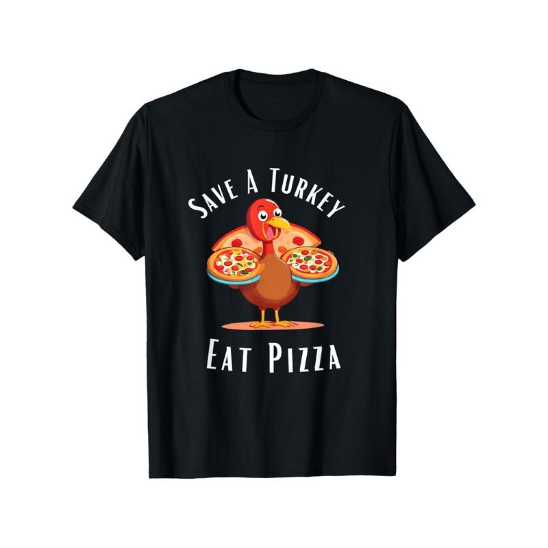 Save a Turkey, Eat Pizza" Fun Thanksgiving Tee - 100% Cotton, Soft & Breathable, Casual Crew Neck T-Shirt for Men, Black,...