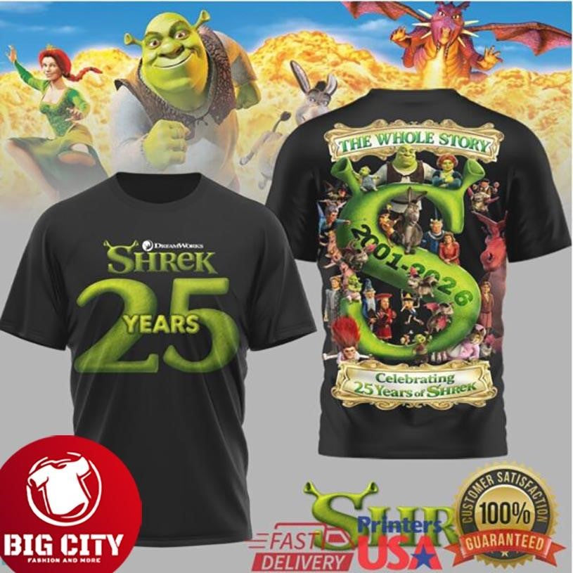 Shrek 25 Years Anniversary 2001 2026 The Whole Story Character Two Sided Shirt Unisex