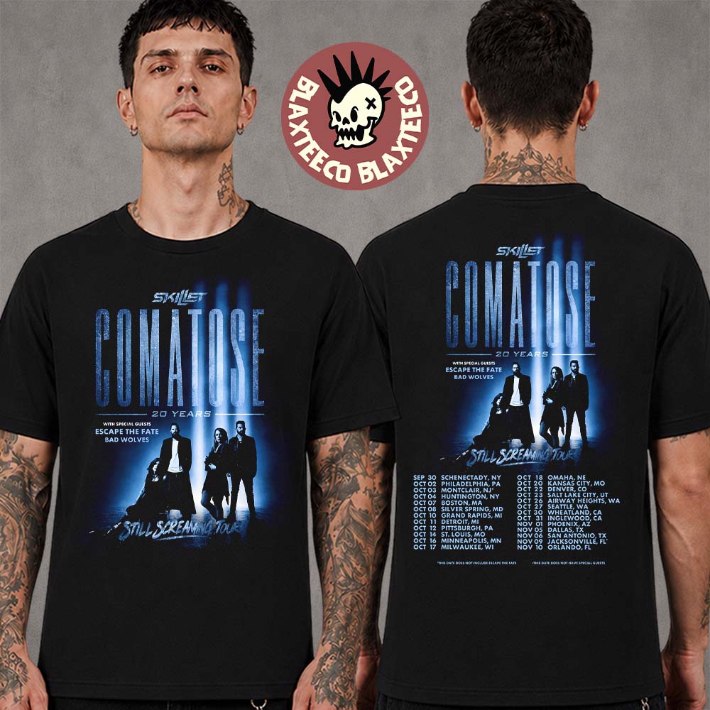 Skillet Comatose 20 Years Still Screaming Tour 2026 North America Schedule Dates Two Sided T-Shirt