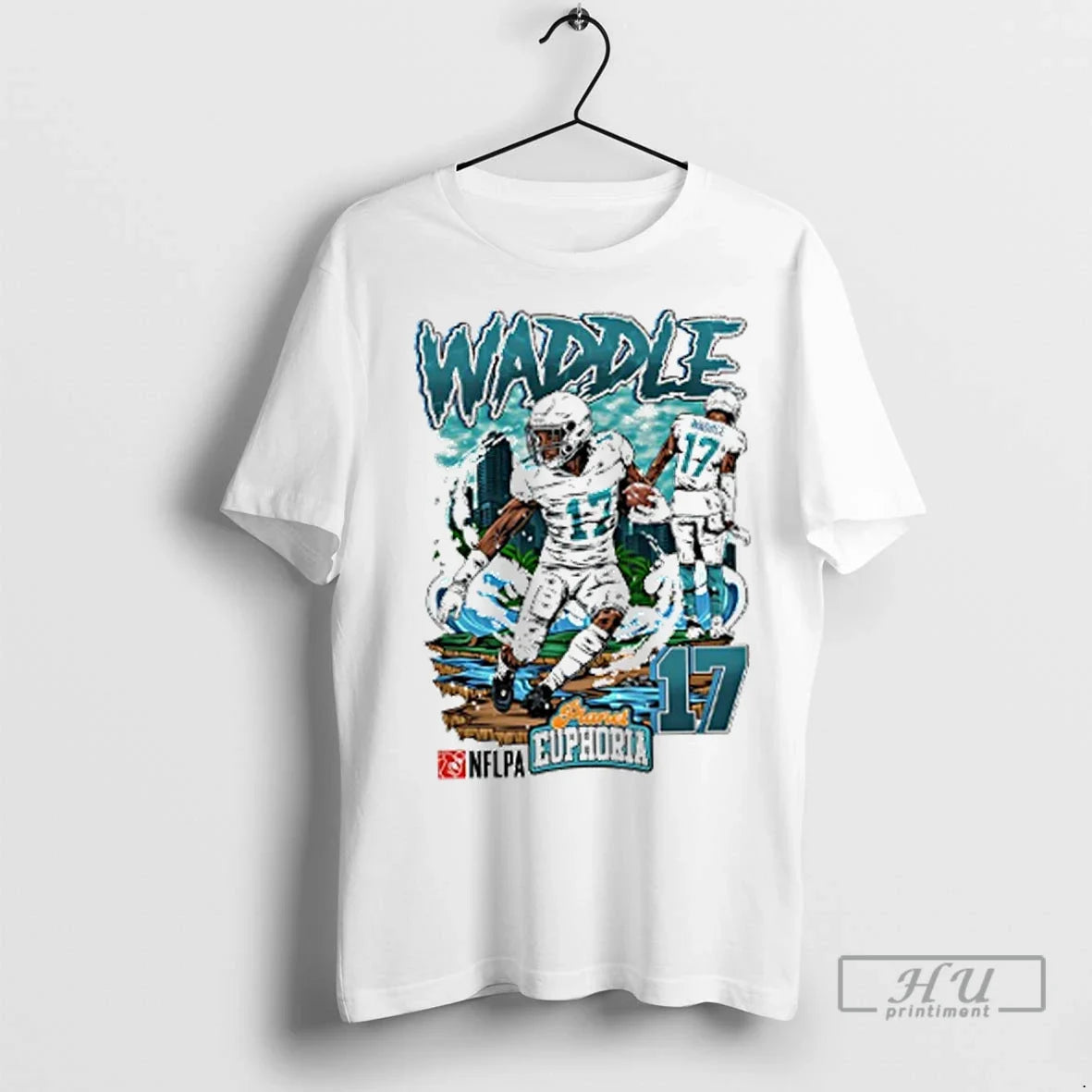 Trending Jaylen Waddle 17 Miami Dolphins Player City Skyline Graphic T Shirts Unisex