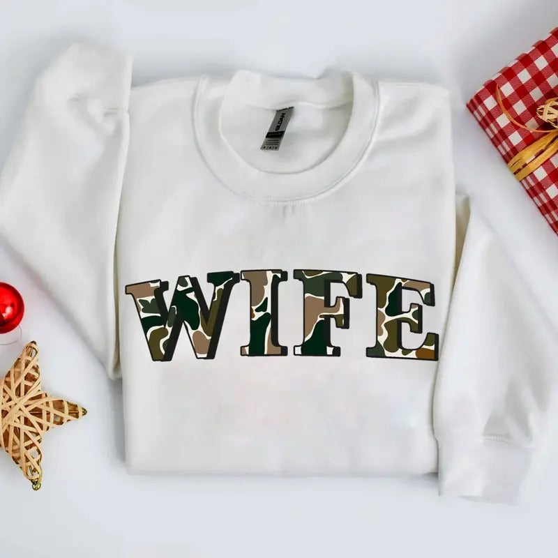 Wife Camo Old School Bottomland Pattern Crewneck Sweatshirt, Hunting Wife, Hunting Season Unisex Shirt Hoodie | Teenookco.com