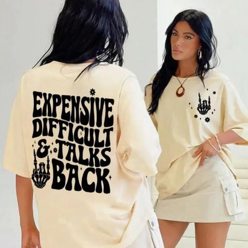 Women's " Expensive Difficult and Talks Back" Slogan Print Skeleton Hand Graphic Round Neck Tee, Back To School Outfits,...