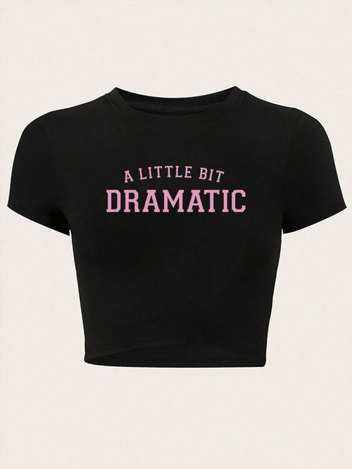 Women's "A LITTLE BIT DRAMATIC" Letter Print Short Sleeve Crop Tee, Fashion Casual Crew Neck T-shirt for Daily Outdoor...