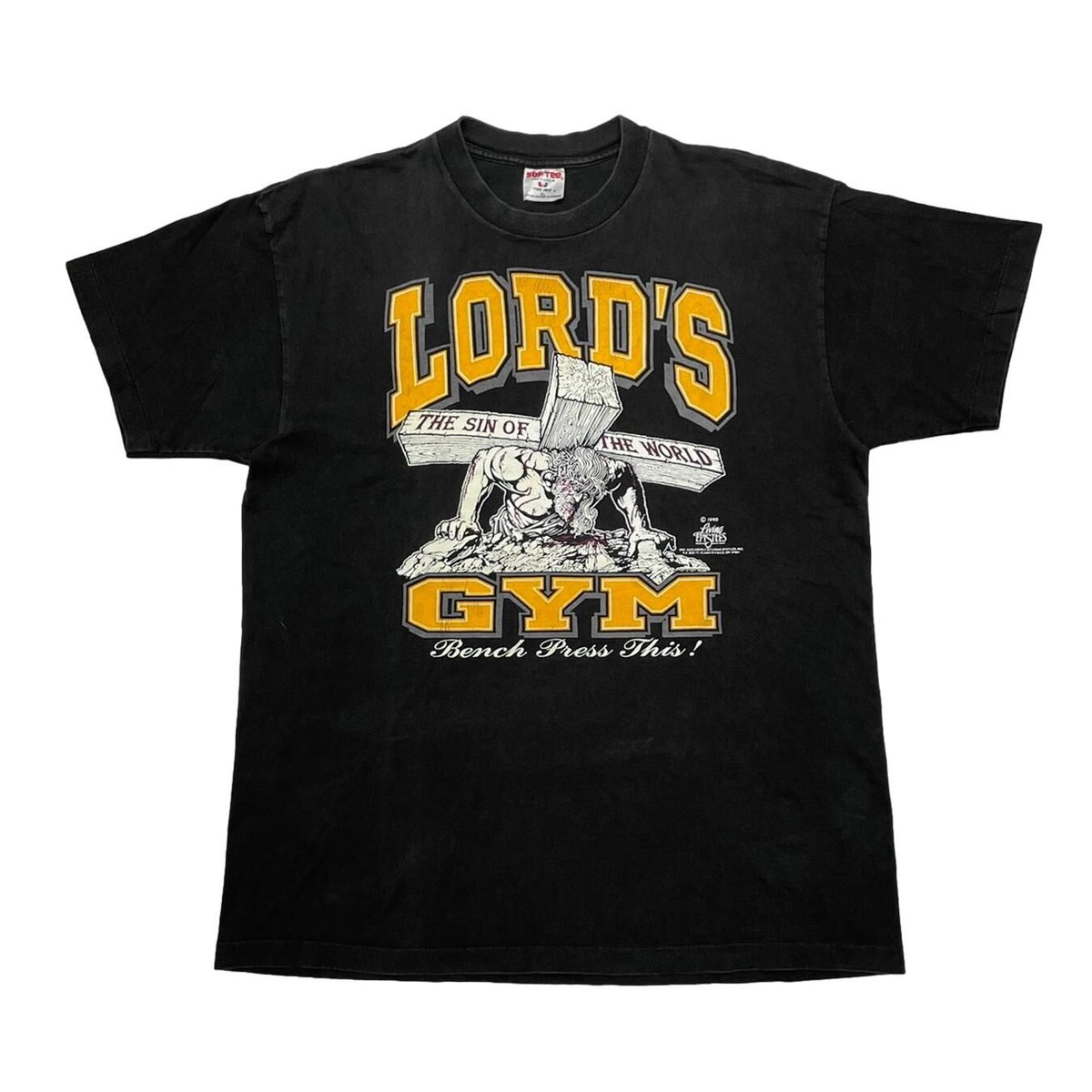 LORD'S GYM 1990 BENCH PRESS GYM! THE SIN OF THE WORLD  SOF TEE XL 5857