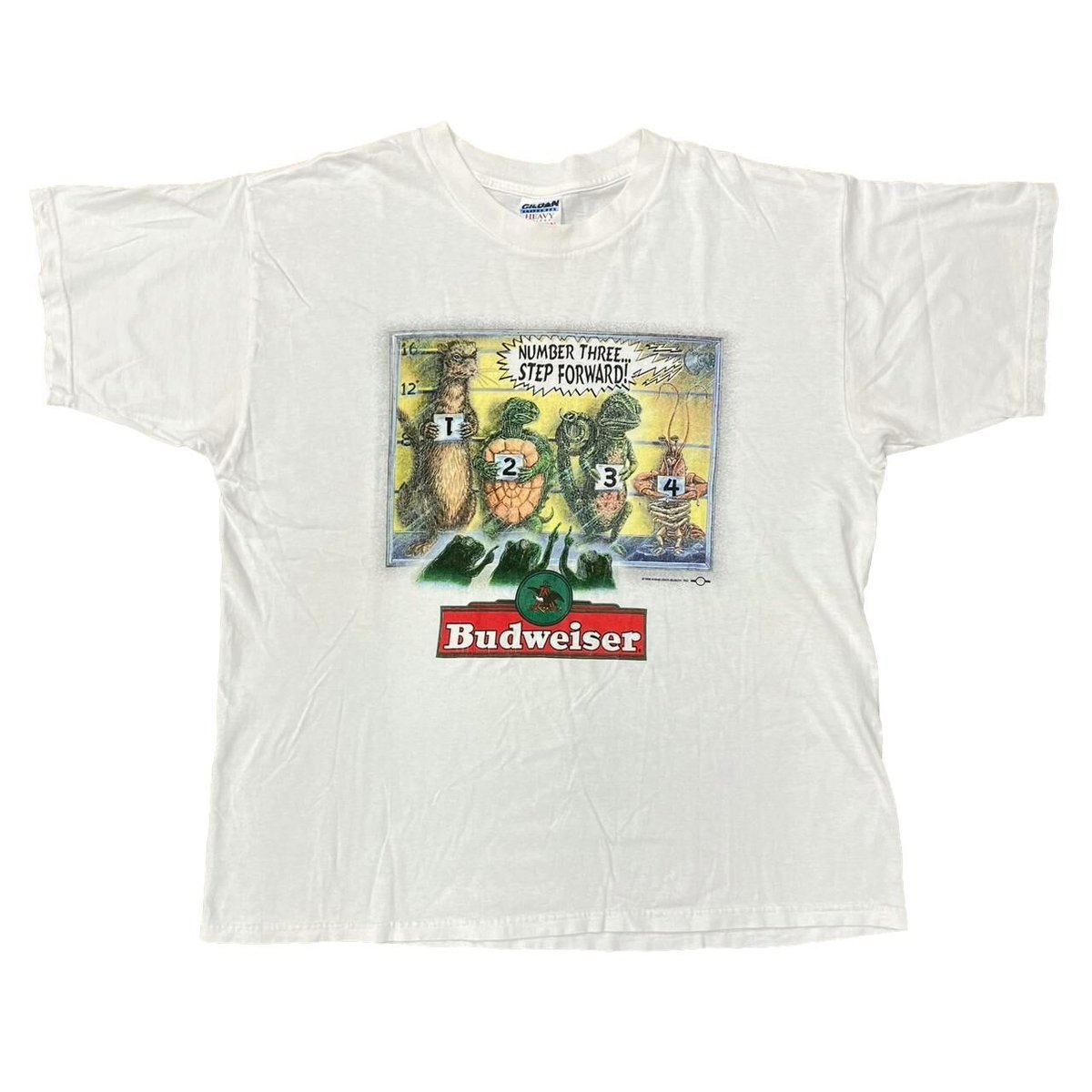 Budweiser NUMBER THREE STEP FORWARD ANIMALS MUGSHOT WHITE GILDAN XL 1711