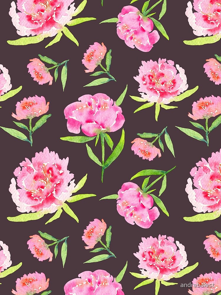 Watercolor Peonies Pattern #2 (Purple Background) by andrebalest.art