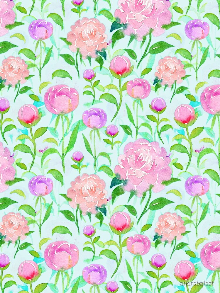 Watercolor Peonies Pattern #5 (Blue Background) by andrebalest.art