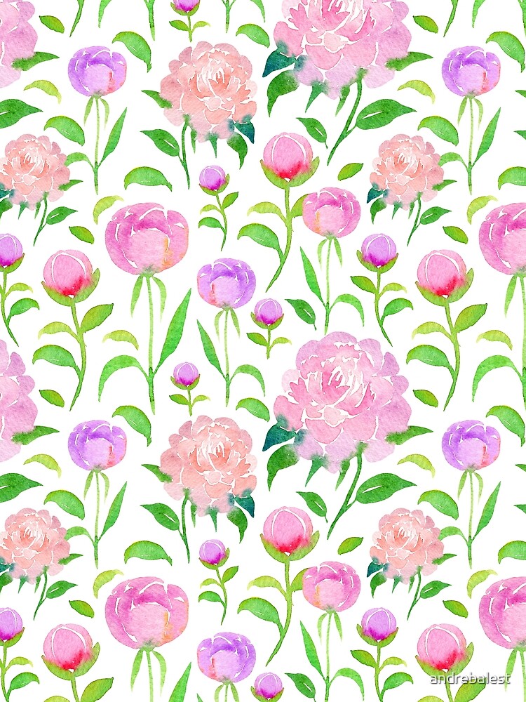 Watercolor Peonies Pattern #5 (White Background) by andrebalest.art