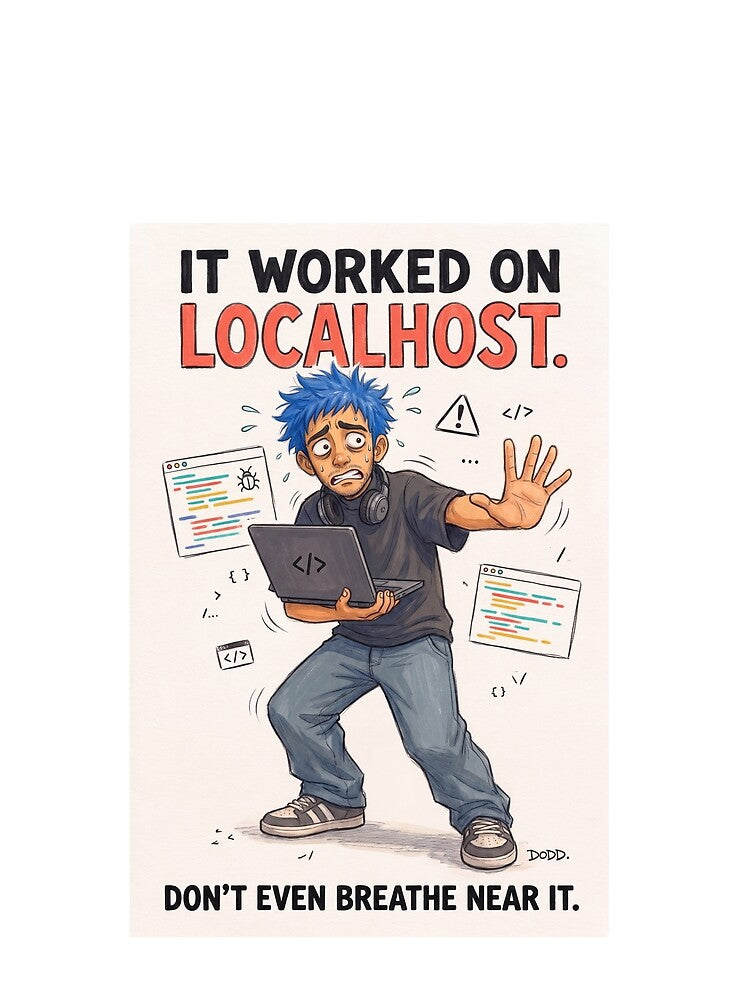 It Worked on Localhost – Developer Panic Humor by davitabros