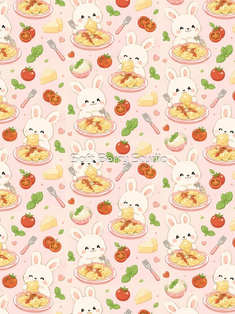 Cute Bunny Ravioli Pattern | Kawaii Italian Food Design by Soft Berry Studio