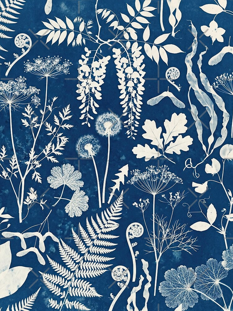 Cyanotype Botanical Pattern – Prussian Blue Fern & Wildflower Specimen Seamless Vintage Design by SavinMercantile