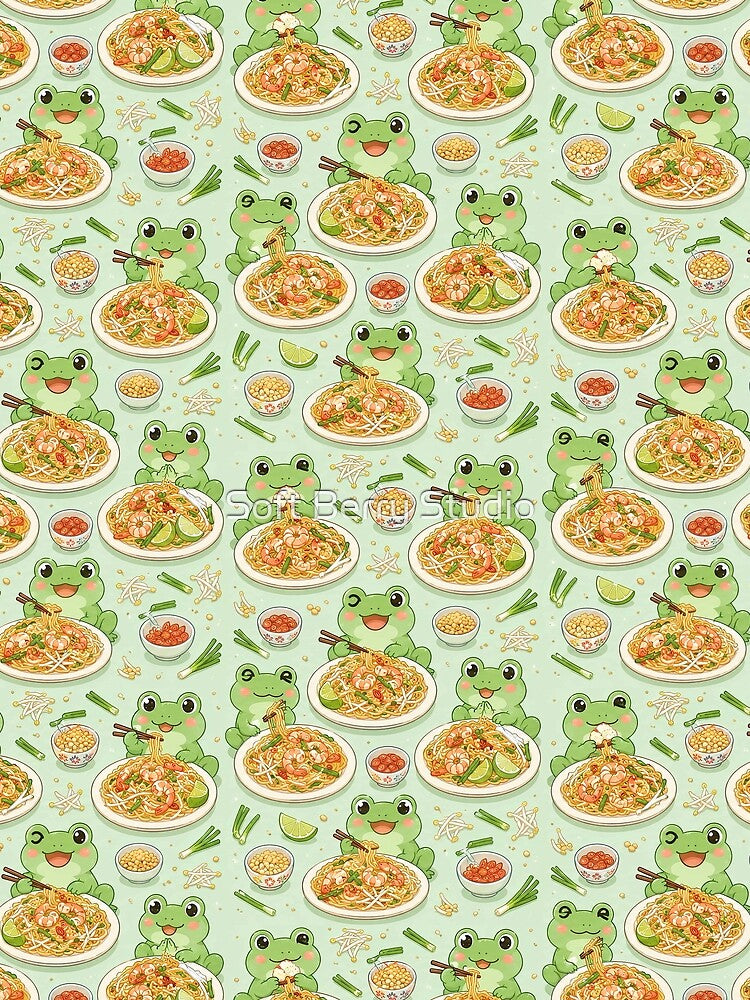 Frog Pad Thai Kawaii Pattern by Soft Berry Studio