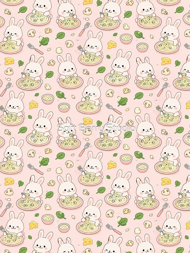 Bunny Alfredo Pasta Kawaii Pattern by Soft Berry Studio