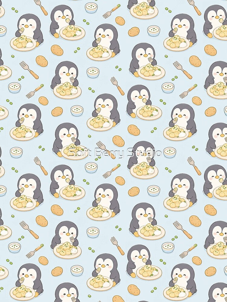 Kawaii Penguin Potato Dumpling Food Pattern by Soft Berry Studio