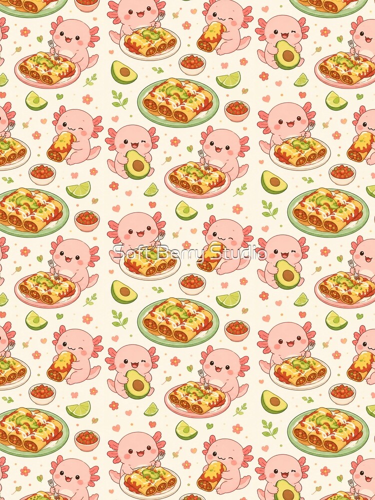 Axolotl Enchilada Pattern | Cute Kawaii Foodie Design by Soft Berry Studio