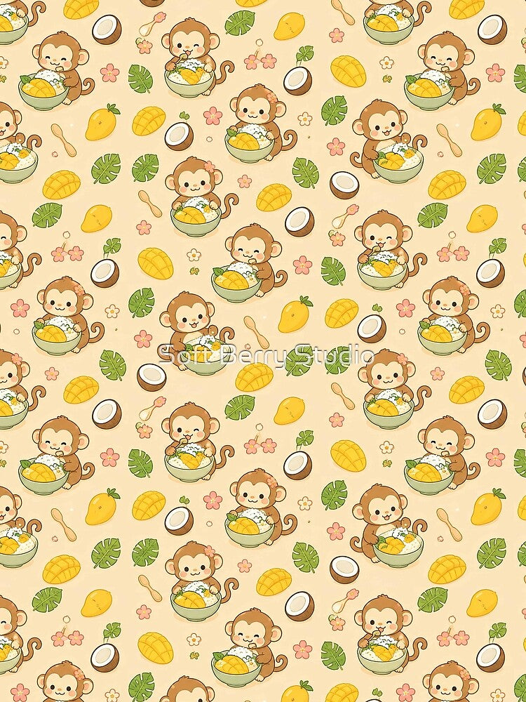 Monkey Mango Sticky Rice Kawaii Pattern by Soft Berry Studio