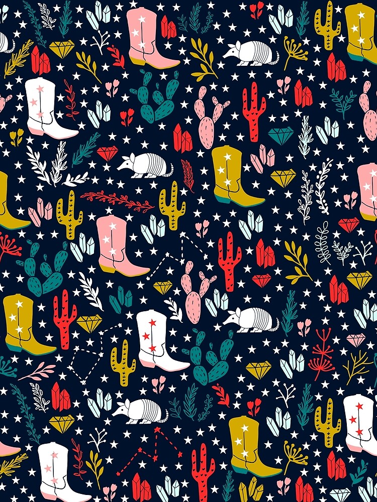 Cute Western Cowgirl Pattern with Cactus, Armadillo and Stars on Blue Background by kapotka