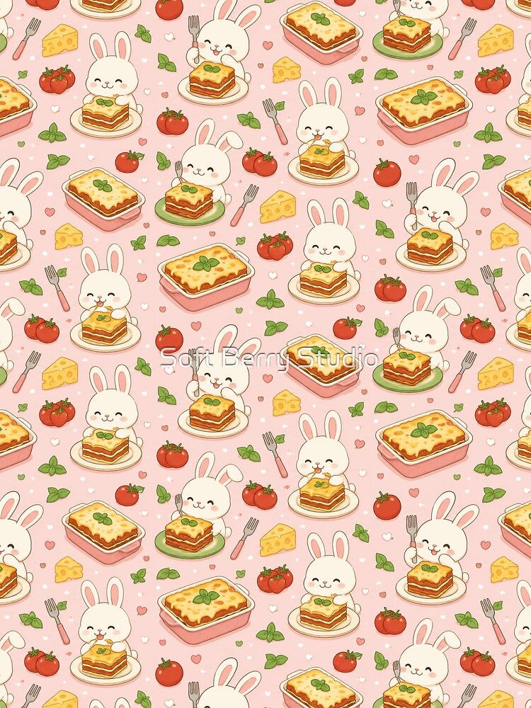 Bunny Lasagna Pattern | Cute Kawaii Foodie Design by Soft Berry Studio