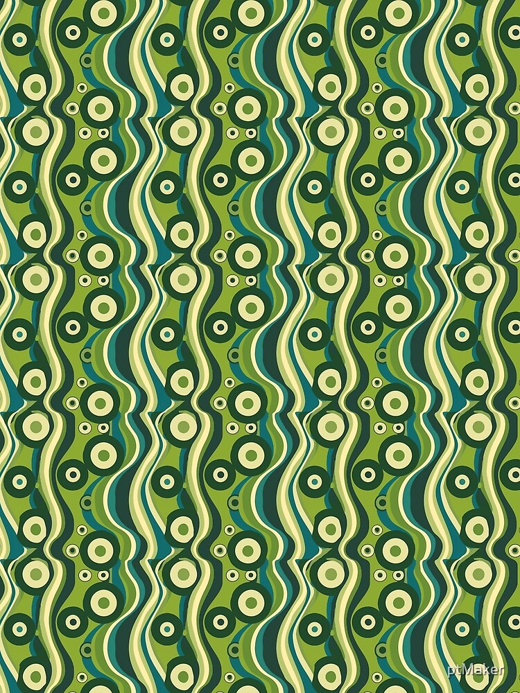 a groovy retro 60s inspired pattern, featuring contrasting circles and wavy lines. Bold greens and blues by ptMaker