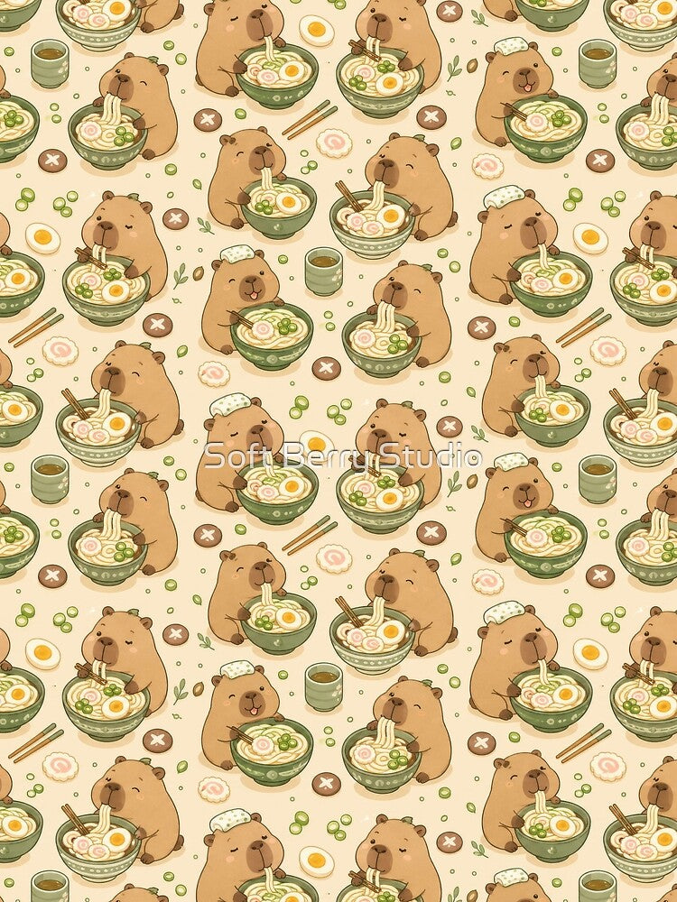 Capybara Udon Bowl Kawaii Pattern by Soft Berry Studio
