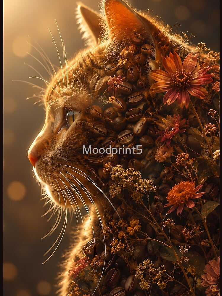 Cozy Coffee Cat Autumn Floral Art by Moodprint5