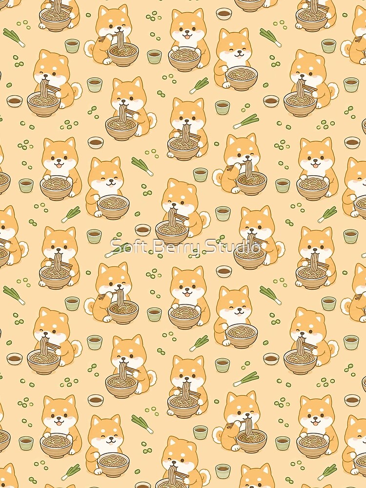 Kawaii Shiba Inu Soba Noodles Food Pattern by Soft Berry Studio