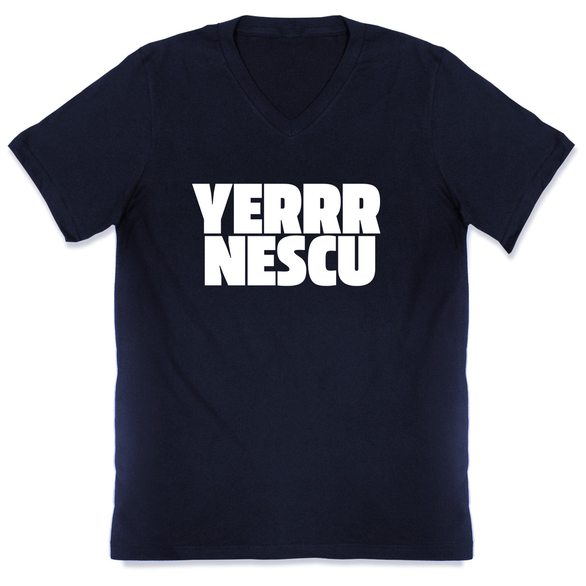 Yerrr Nescu White Text V-Neck Unisex