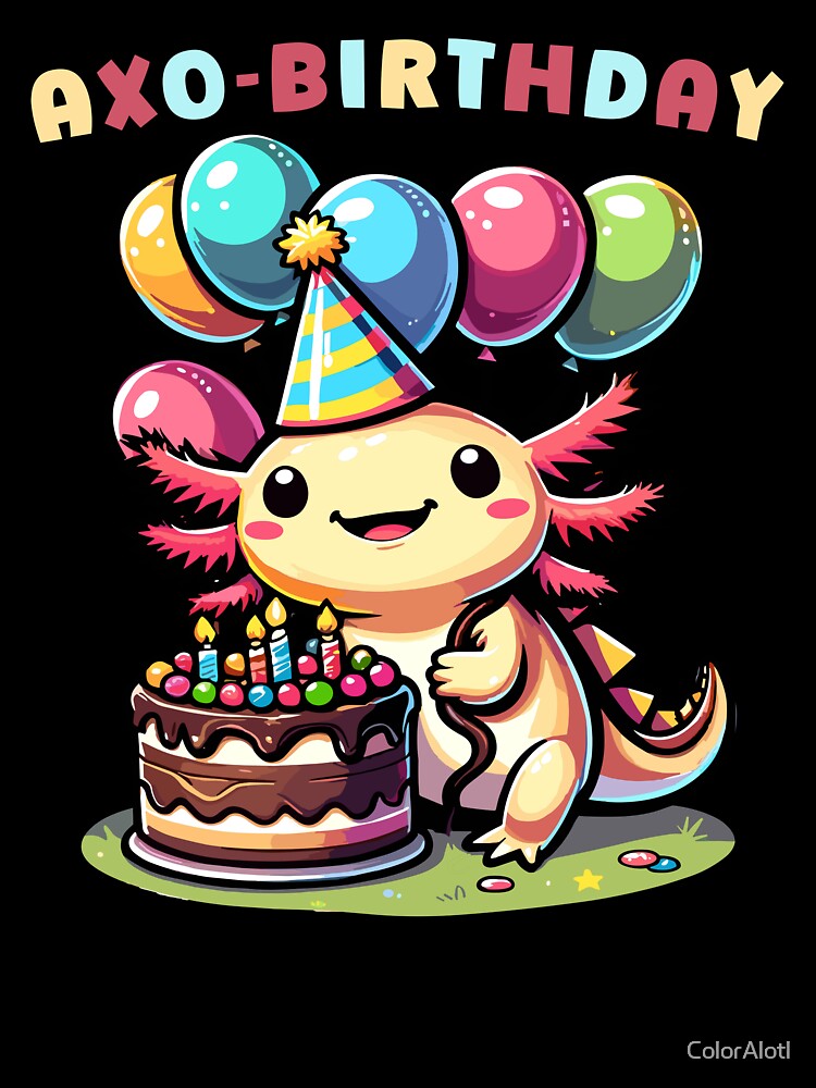 Axolotl birthday party with ballons And cake - Cute Kawaii mexican walking fish birthday celebration pun by ColorAlotl