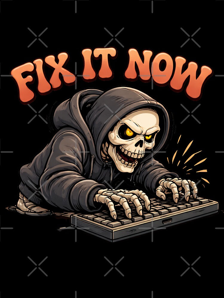 Fix It Now Funny Skeleton Programmer T-Shirt | Lazy Coding Meme Graphic Tee by Raw Tigers