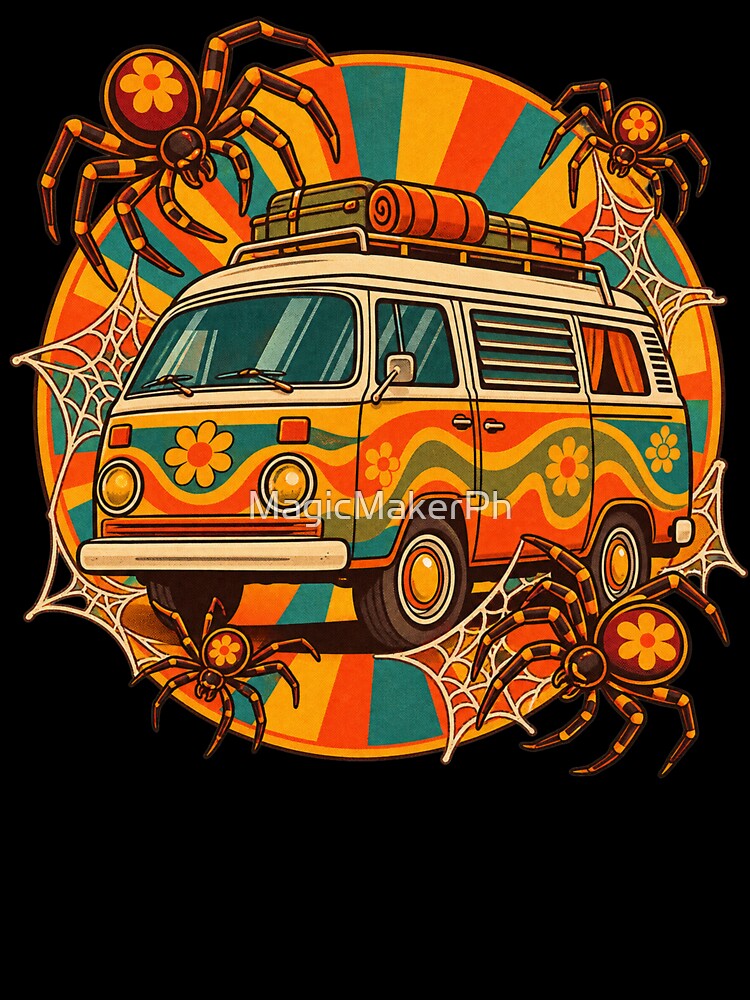 Retro 1970s Sunburst Spider Camper Van Art – Groovy Halloween Print by MagicMakerPh