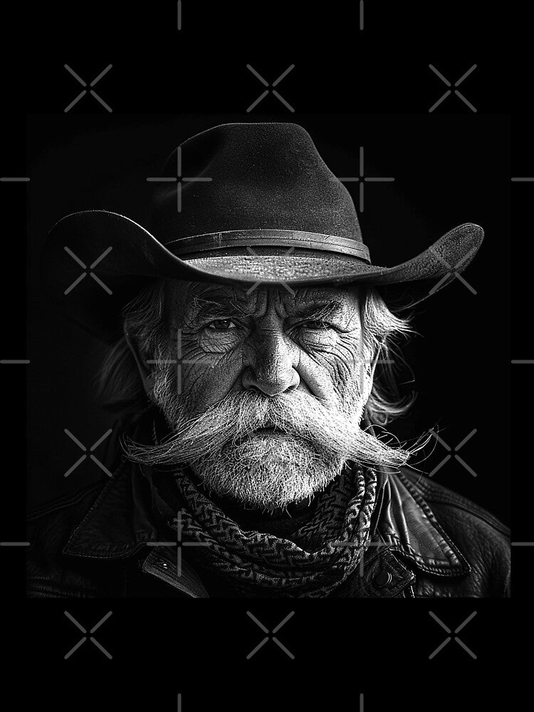 Rugged Cowboy Portrait – Black and White Western Art by inkoutninja