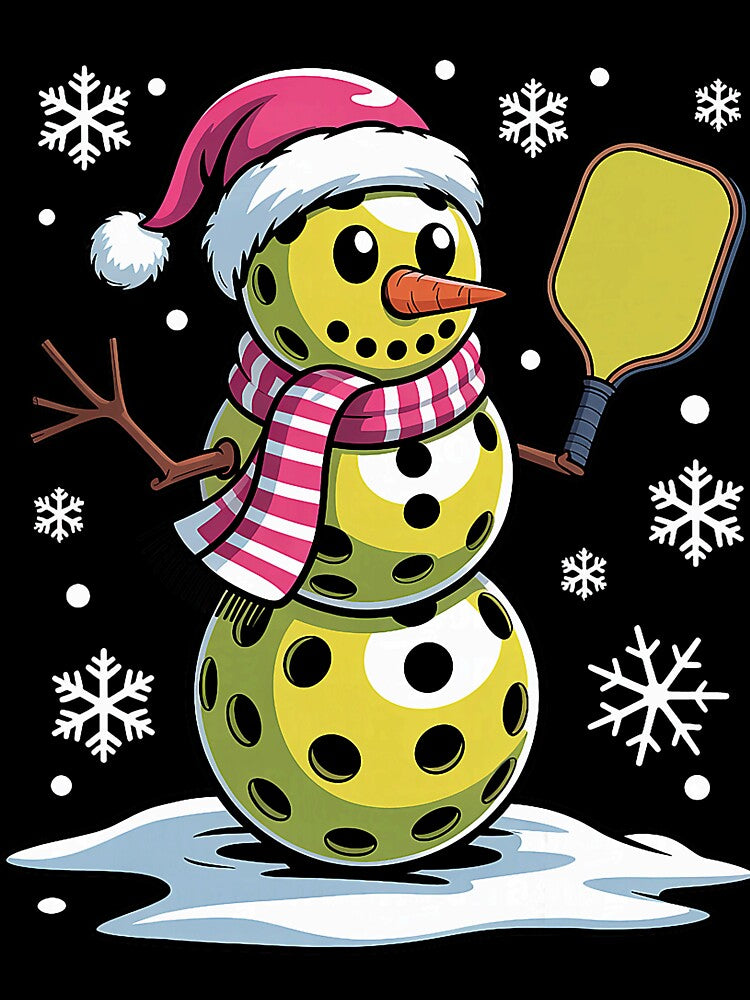 Snowman With Santa Hat Holding Pickleball Paddle by barrycantre11