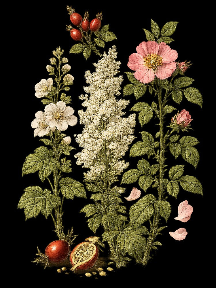Wild Rose, Meadowsweet & Mallow Vintage Botanical Herbarium Plate by Anyshca