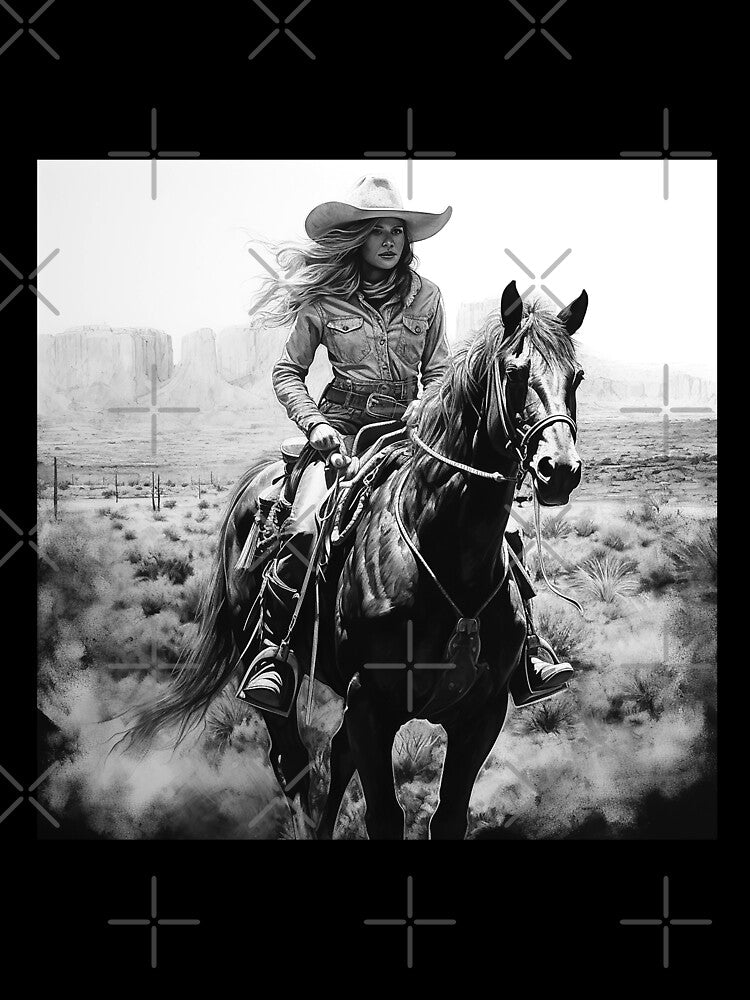 Western Cowgirl Riding Horse in Desert | Black and White Southwest Art by inkoutninja