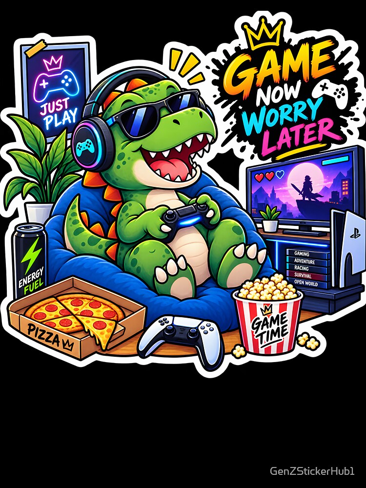 Game Now Worry Later T-Rex Sticker | Funny Gamer Dinosaur | Gaming Sticker | Gamer Gift by GenZStickerHub1