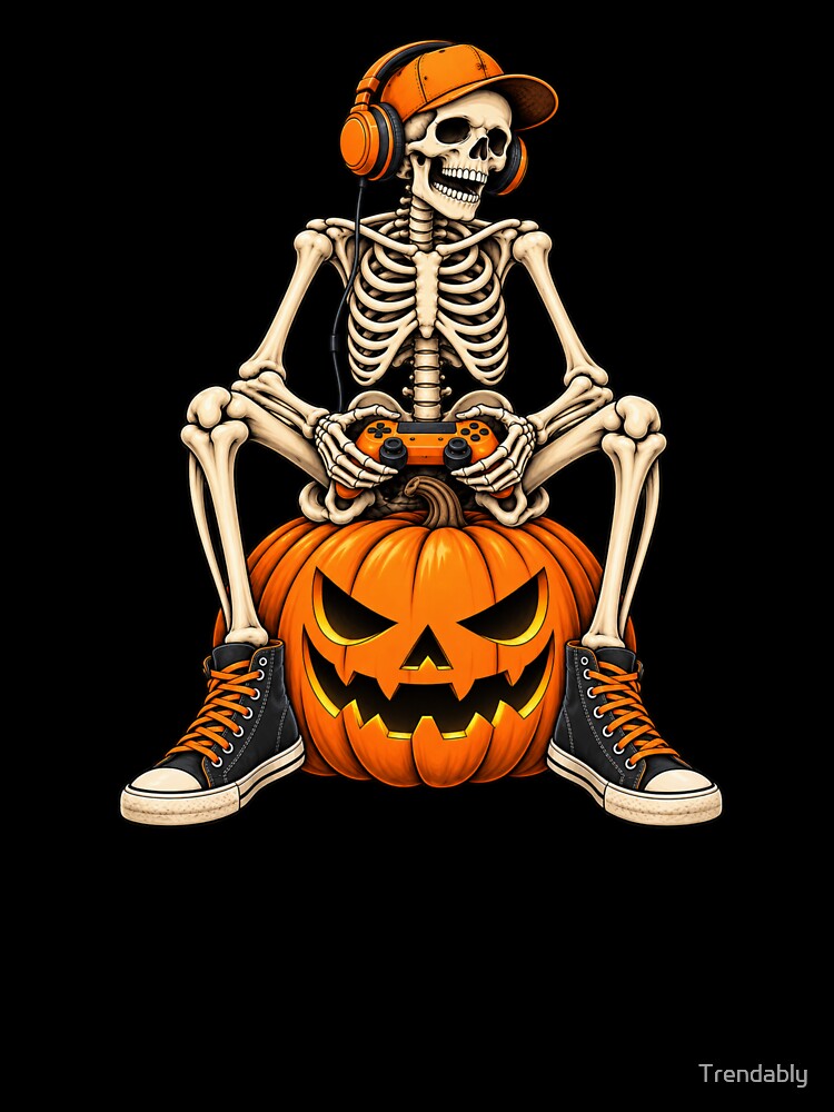 Spooky Skeleton Gaming Halloween Controller Boys Men Kids T-Shirt – Gamer Halloween Gift, Gaming Graphic Tee by Trendably