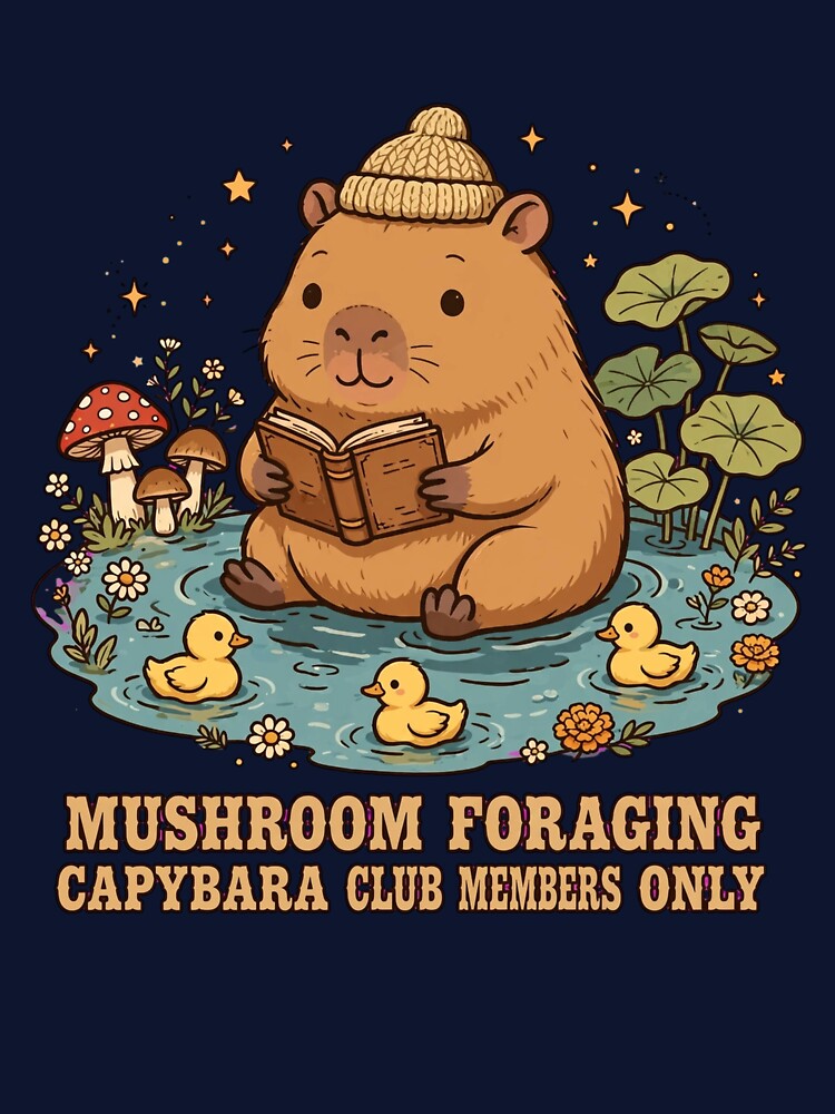 Mushroom Foraging Capybara Club Members Only - Cute Capybara Reading Book in Pond with Ducks by PrettyCrypt
