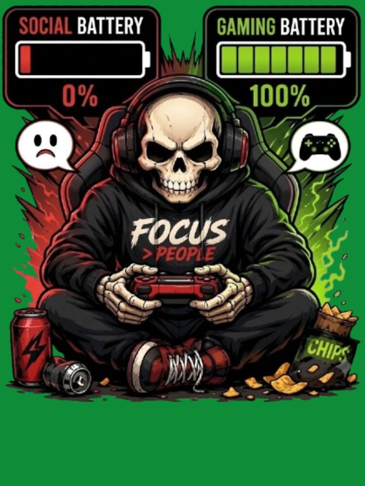Social Battery 0 Gaming Battery 100 Gamer Skull Meme by Northern Glow Art